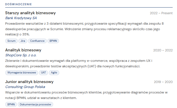 Przykładowy opis projektu wdrożeniowego w CV analityka biznesowego