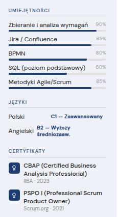 Sekcja narzędzi i certyfikatów analitycznych w CV analityka biznesowego