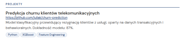 Przykładowy opis projektu data science w CV z metrykami i efektem biznesowym