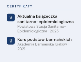 Sekcja certyfikatów sanitarnych i umiejętności barmańskich w CV gastronomicznym