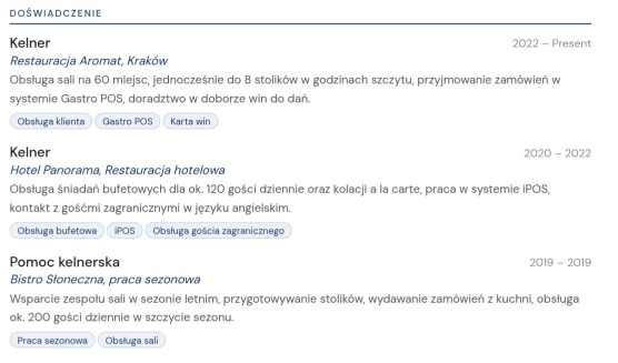 Przykładowy opis doświadczenia sezonowego w CV pracownika gastronomii