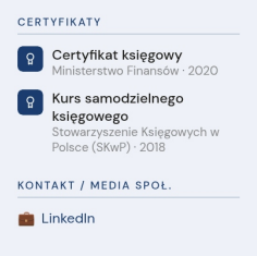 Sekcja certyfikatów księgowych i znajomości programów w CV