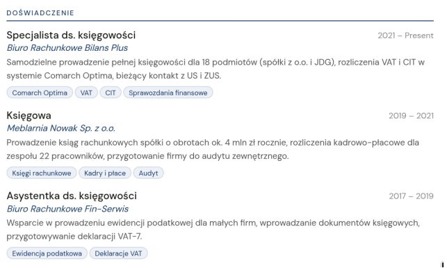 Przykładowy opis doświadczenia zawodowego w CV księgowej z konkretnymi liczbami
