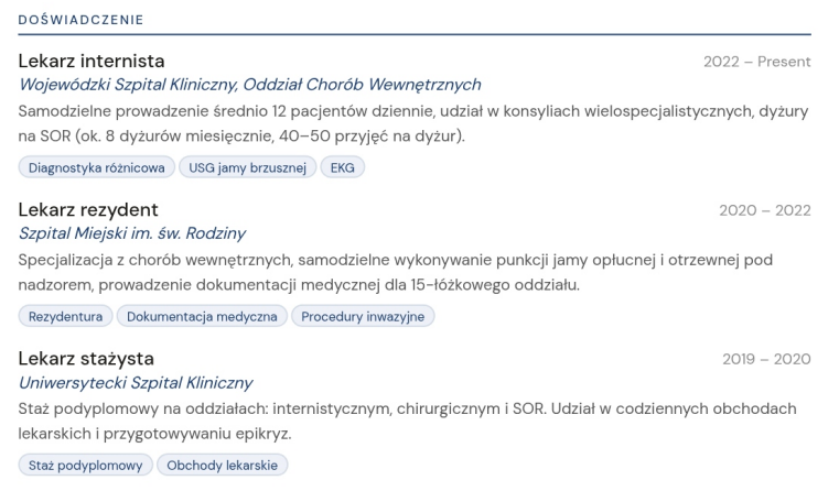 Przykładowy układ sekcji doświadczenia w CV lekarza z opisem procedur klinicznych