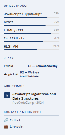 Sekcja stacku technologicznego i certyfikatów w CV młodego programisty