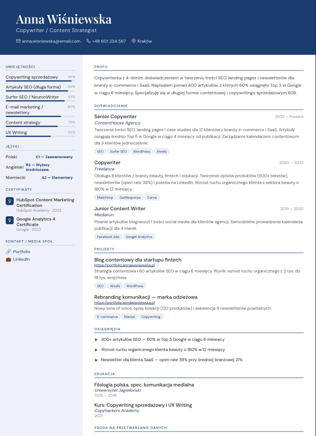 Wzór CV copywritera z sekcją portfolio i typów tworzonych treści