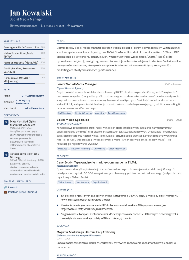 Wzór CV social media managera z tabelą wyników na platformach i sekcją narzędzi