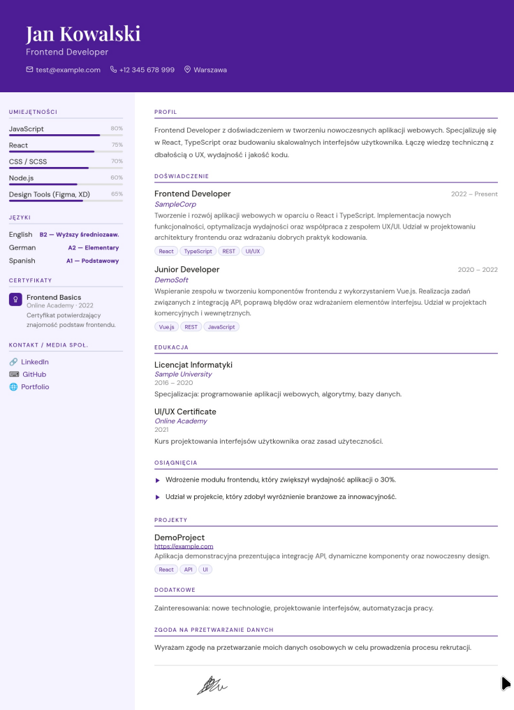 Przykład poprawnie zbudowanego CV z czytelnym podziałem na sekcje