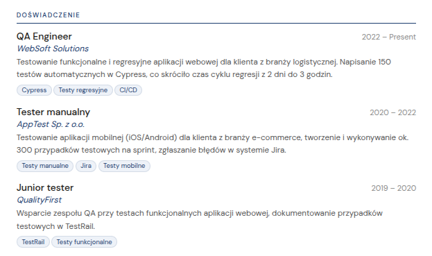 Przykładowy opis doświadczenia testerskiego w CV z liczbą przypadków testowych