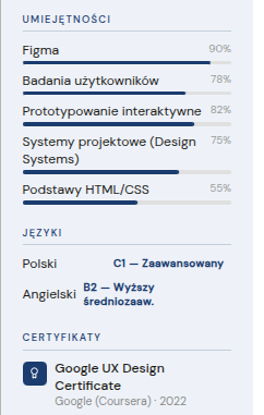 Sekcja narzędzi i certyfikatów projektowych w CV UX designera